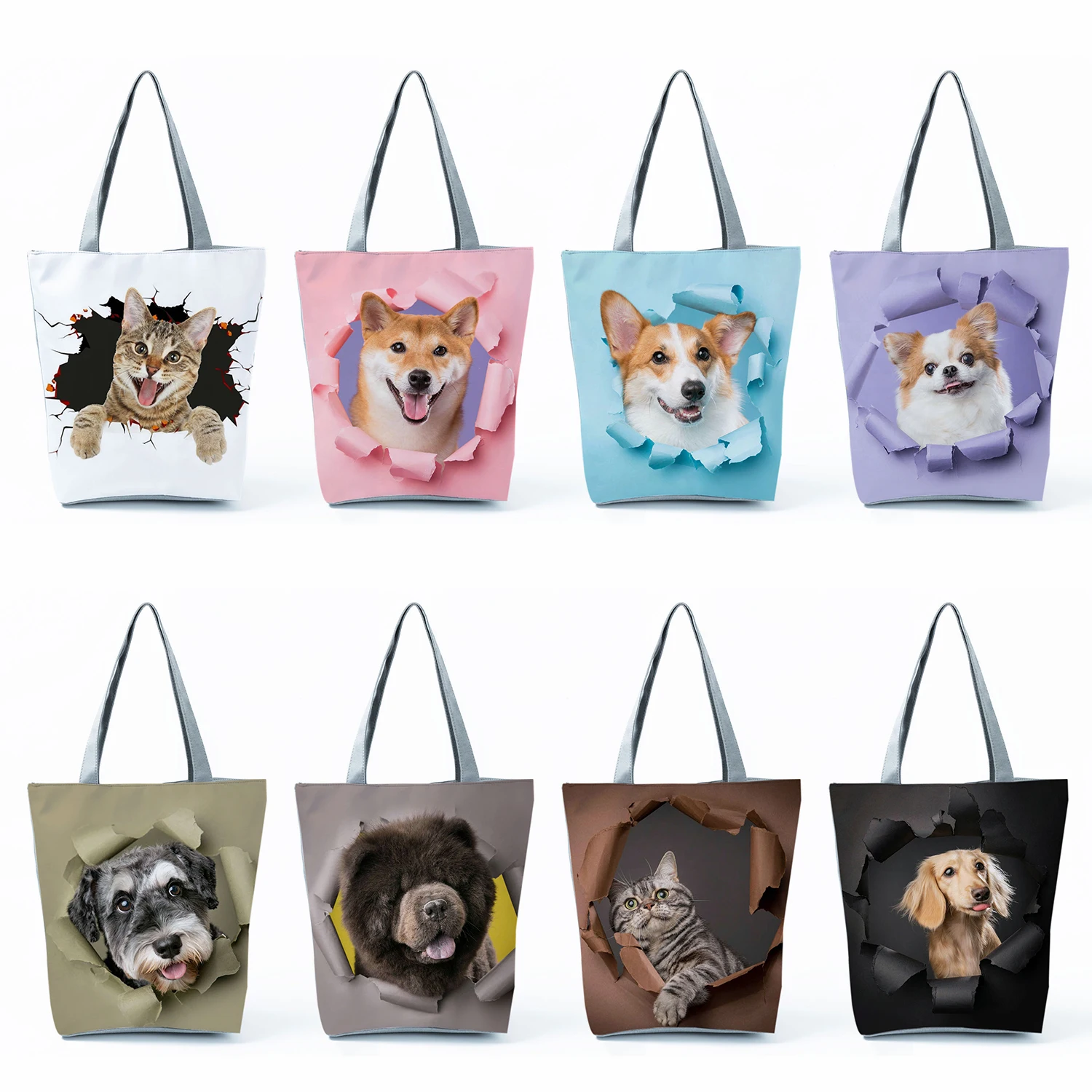 

Eco Reusable Shopping Bags Cute 3D Hole Cats And Dogs Handbags High Capacity Women Shoulder Bag Creativity Design Animal Printed