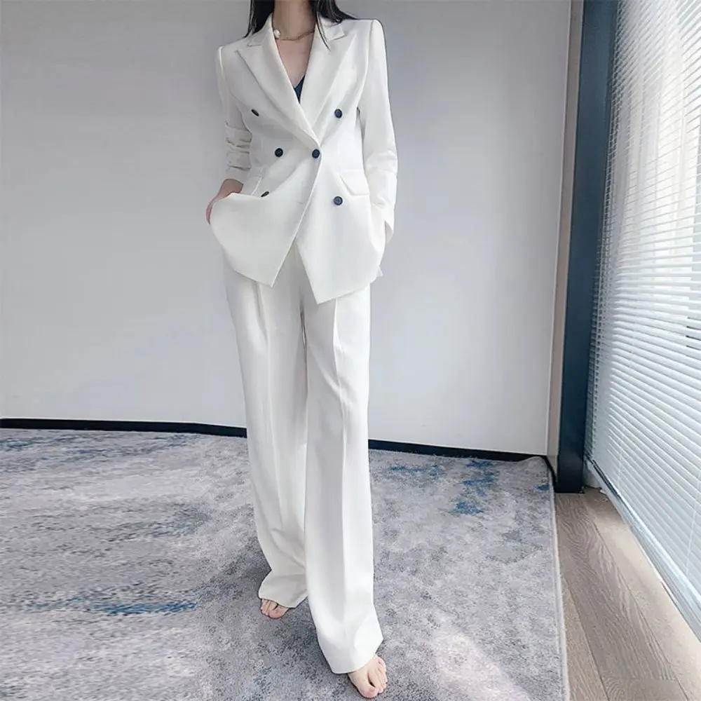 Women Spring White Fashion Business Blazer Suits 2 Piece Duble Breasted Office Ladies Lapel Formal Jacket And Wide-Leg Pants