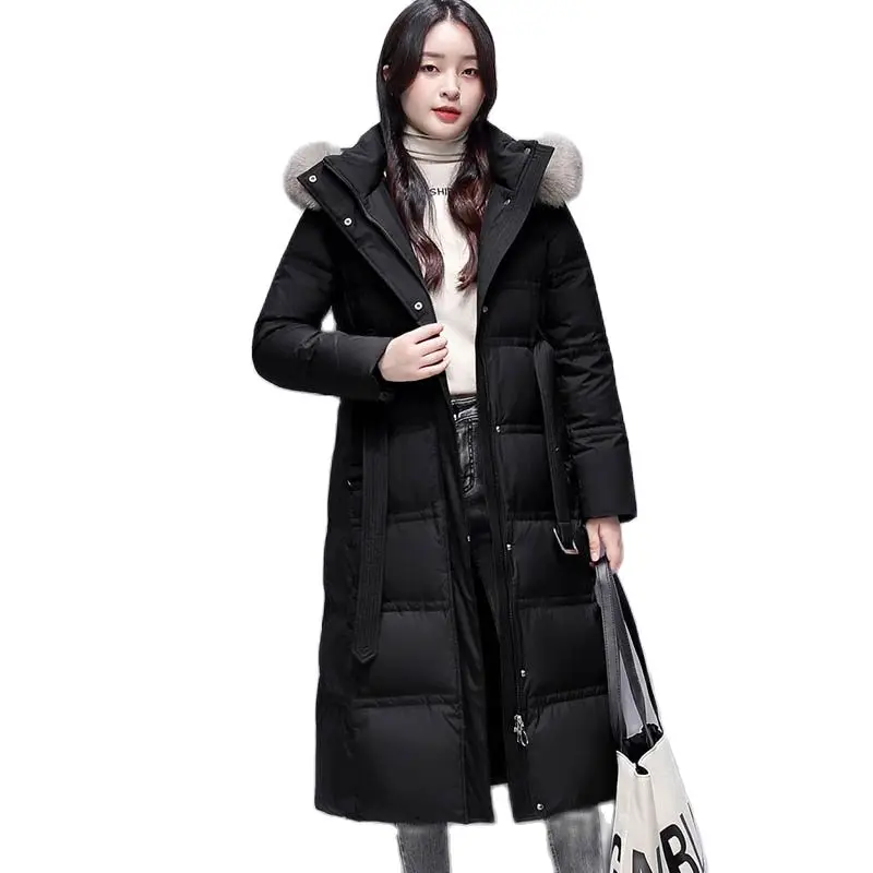 Приталенный и тонкий пуховик с подкладкой женская зимняя куртка средней длины 20223New выше колена с капюшоном и большим меховым воротником высококачественное толстое пальто