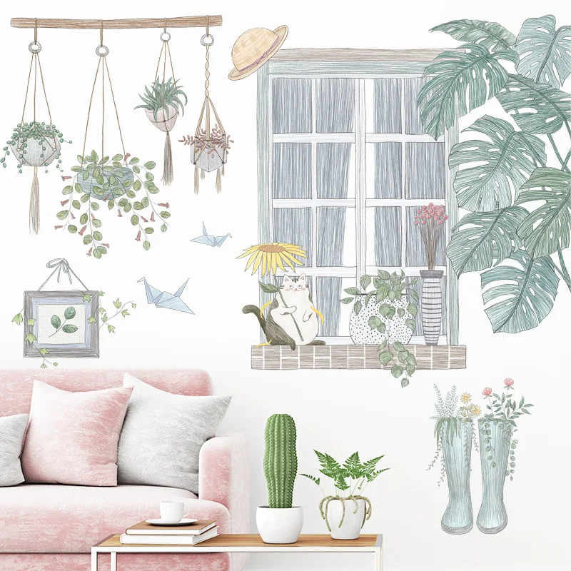 

Наклейки на стену с изображением кота и окна