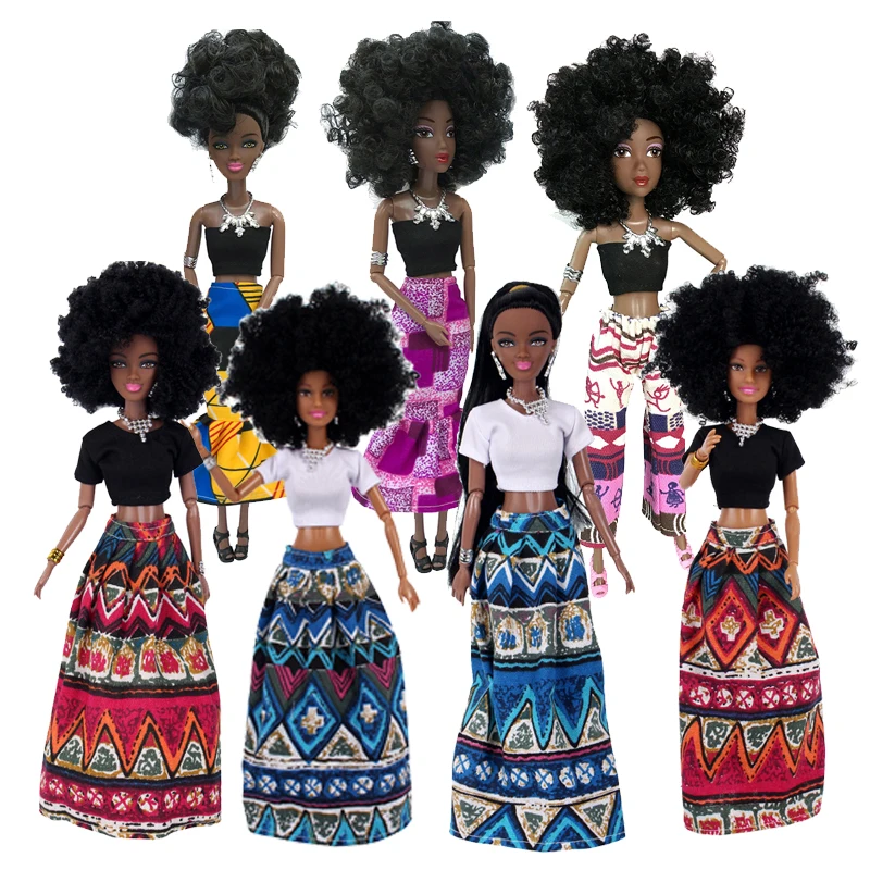 

Fashion Barbie Dolls Black African Dolls Collection Dark Skin Ethnic Tight Clothing Printing Toys for Girls Popcorn Hairstyle