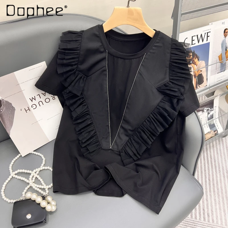 

Grunge Summer 2022 New Short Sleeve Balck T Shirts Elegant Women's Chic Ruffled Mesh Stitching Round Neck Tee Tops Streetwear