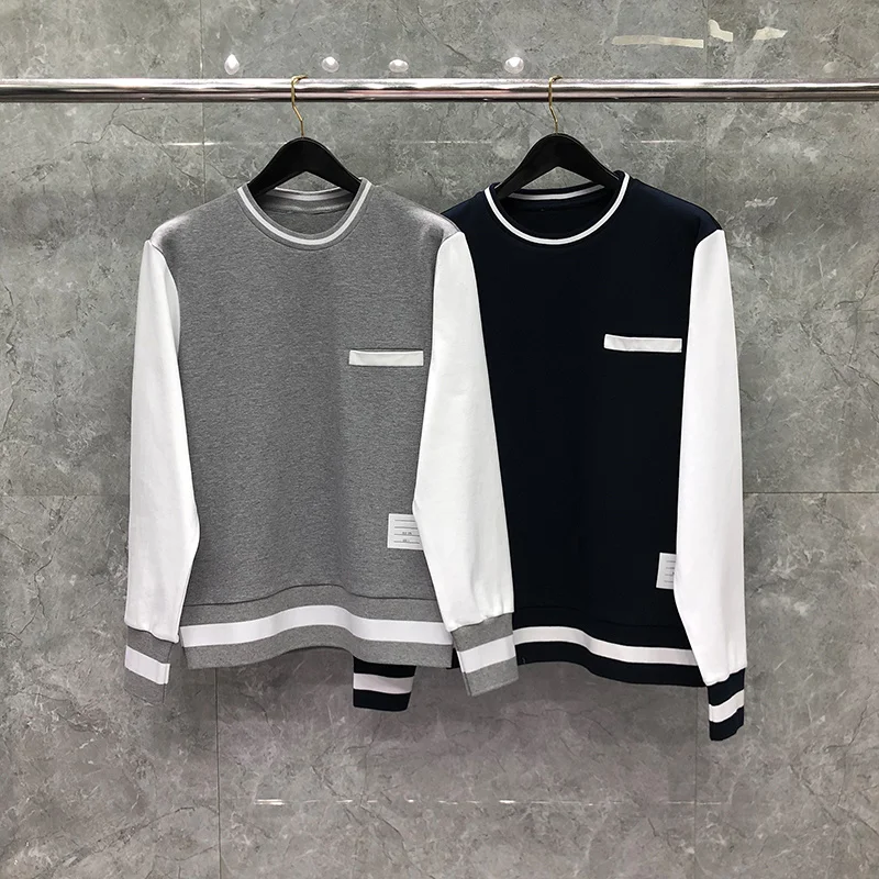 TB THOM Men's Crew Neck Sweatshirts Fashion Brand Long Sleeve Solid Coat Casual Classic Loose Lightweight Pullovers Sweatershirt