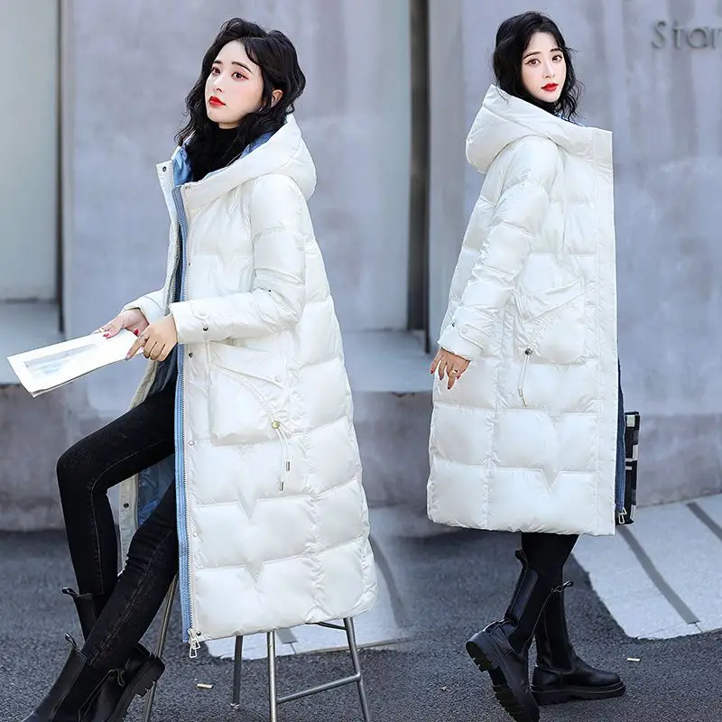 Winter Big Hood Jacket Knee Length Loose White Duck Down Padded Overcoat Warm Down Zipper Pockets New 2023 Down Women Coat M49
