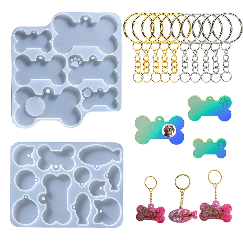 Dog Cat Tag Silicone Mold Dog Bone Shape Epoxy Resin Mould for DIY Pets Key Chain Necklace Pendants Epoxy Resin Molds Crafts