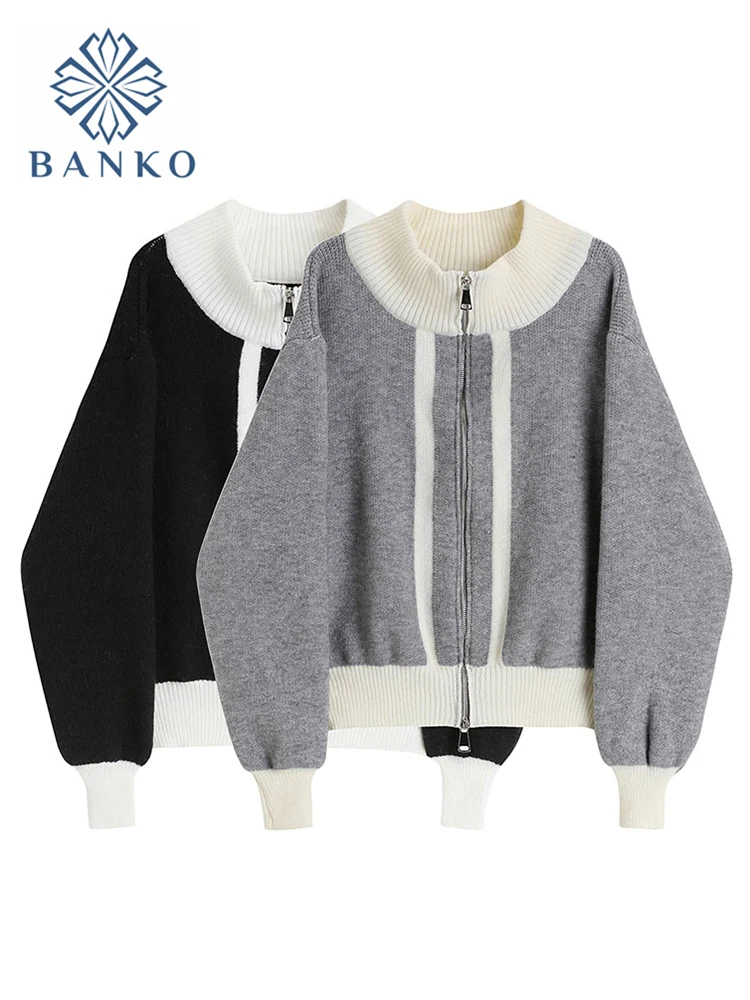 

Women Patchwork Sweater Cardigan Loose Knit Coat Stand Collar Zippers Soft Casual Harajuku Trendy Female Outerwear Sweater Short