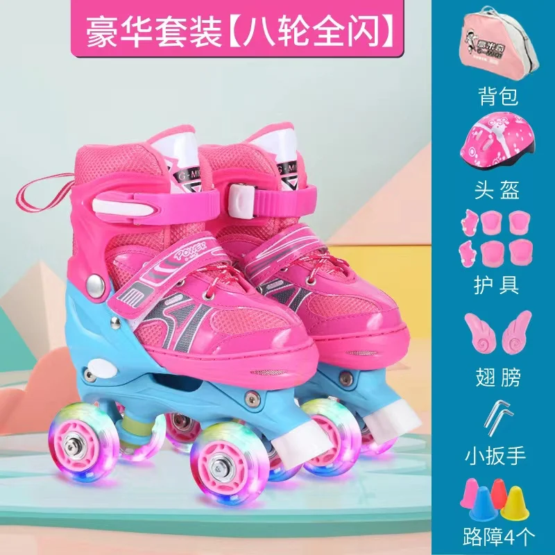 Double Row Children Beginners Full Set Roller Skates Shoes Boys Girls Adjustable Four-wheel Sliding Sneakers Kids Sport Gift