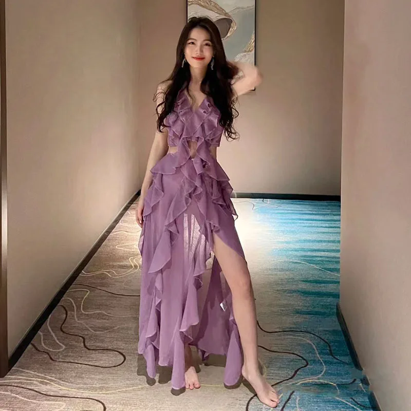 

Elegant Fashion Halter Sexy Backless Draped Maxi Dress Women 2023 Summer Party Long Straps Shift Dresses Holiday Beach Clothes