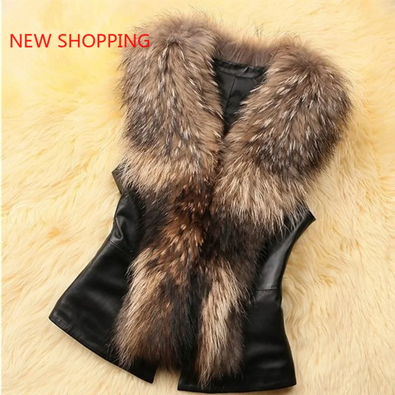 2023 Autumn Winter Faux Fur Fashion Warm Women's Winter Jacket Imitation Raccoon Hair Leather Patchwork Sleeveless Vest Jackets