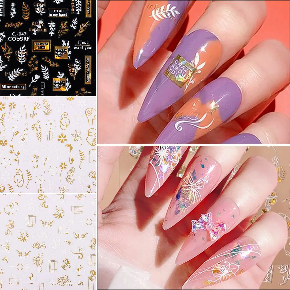 

DIY Manicure Adhesive Decal Leaf Abstract Geometry Holographic Nail Stickers 3D Bronzing Flowers White Gold