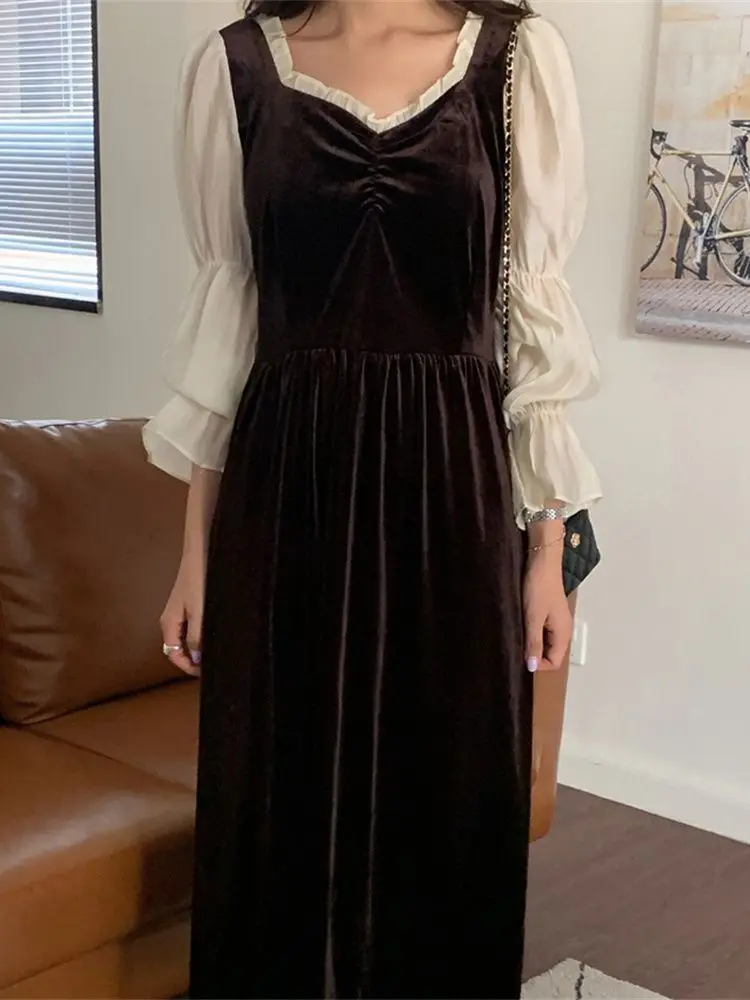 

Alien Kitty Party Patchwork Velvet Long Dress Women Square Collar Hot Office Lady 2022 Soft Spring New Streetwear Vestidos