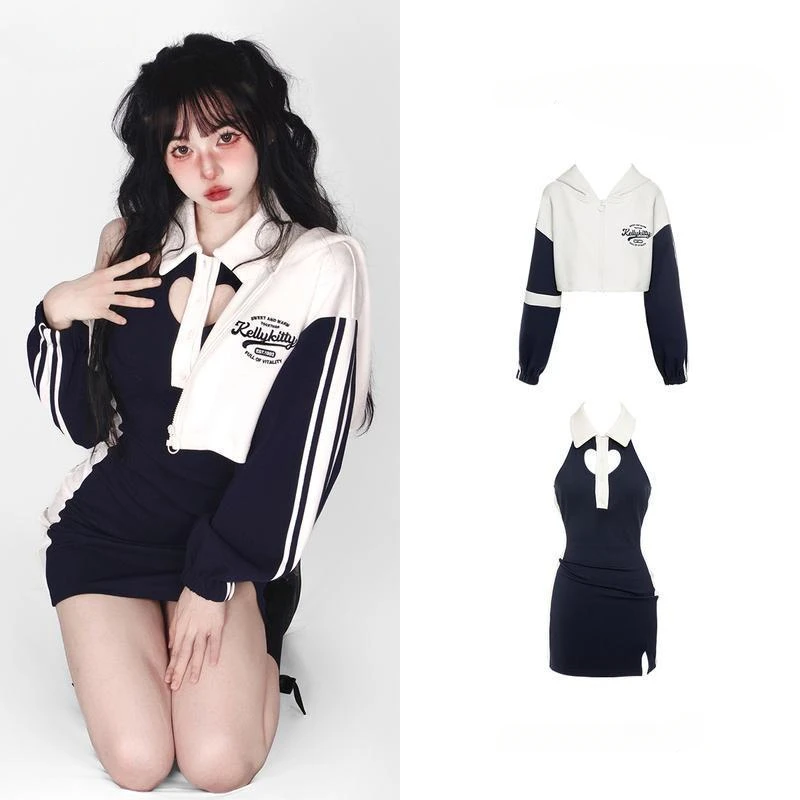 

Hikigawa Contrast Color Chic Fashion Women Casual Letter Print Jackets+Sexy Heart Hollow Out Dresses Sweet Y2k 2 Set Ropa Mujer