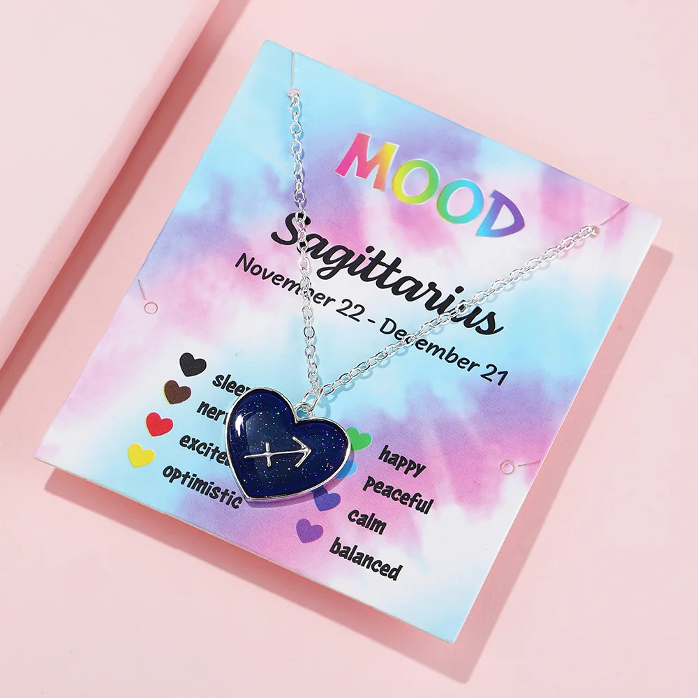 

Color Changing Mood Heart-shaped Stone Necklace with 12 Constellation Zodiac Design Emotion Stone Necklace Astrology Horoscope