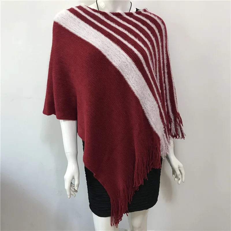 

2022 Spring Autumn New Women Knitted Cloak Diagonal Stripe Color Matching Knitted Poncho Cape Tassel Cloak Sweater Shawl Red