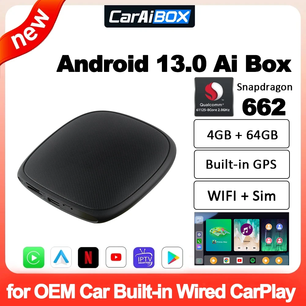 

CarAiBOX Android 13.0 CarPlay Ai Box QCM662 Wireless CarPlay Android Auto Built-in GPS 4GB+64GB Google Play Store