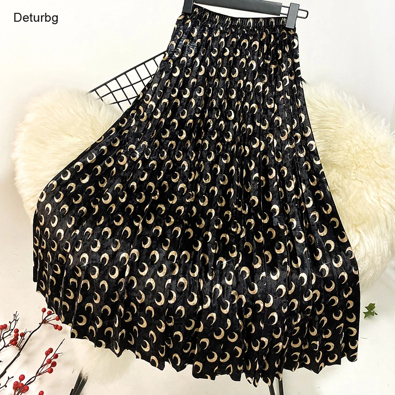 Women's Advanced Velvet Midi Skirts Female High Waist Crescent Moon Hot Stamping Print Pleated Black Shiny Skirt Gift Box K49