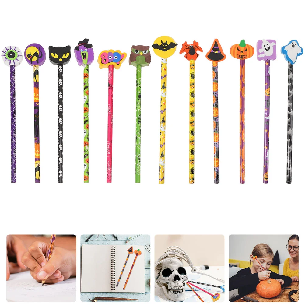 

12 Pcs Bulk Halloween Student Adult Gifts Cute Eraser Pencils Wood Party