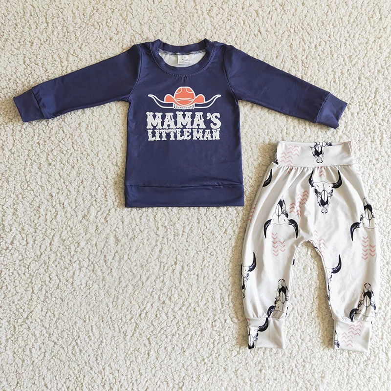

Kid Mama's Little Man Clothes Baby Boy Western Cow Skull Pants Toddler Long Sleeve Shirt Top Set Wholesale Children Fall Outfit