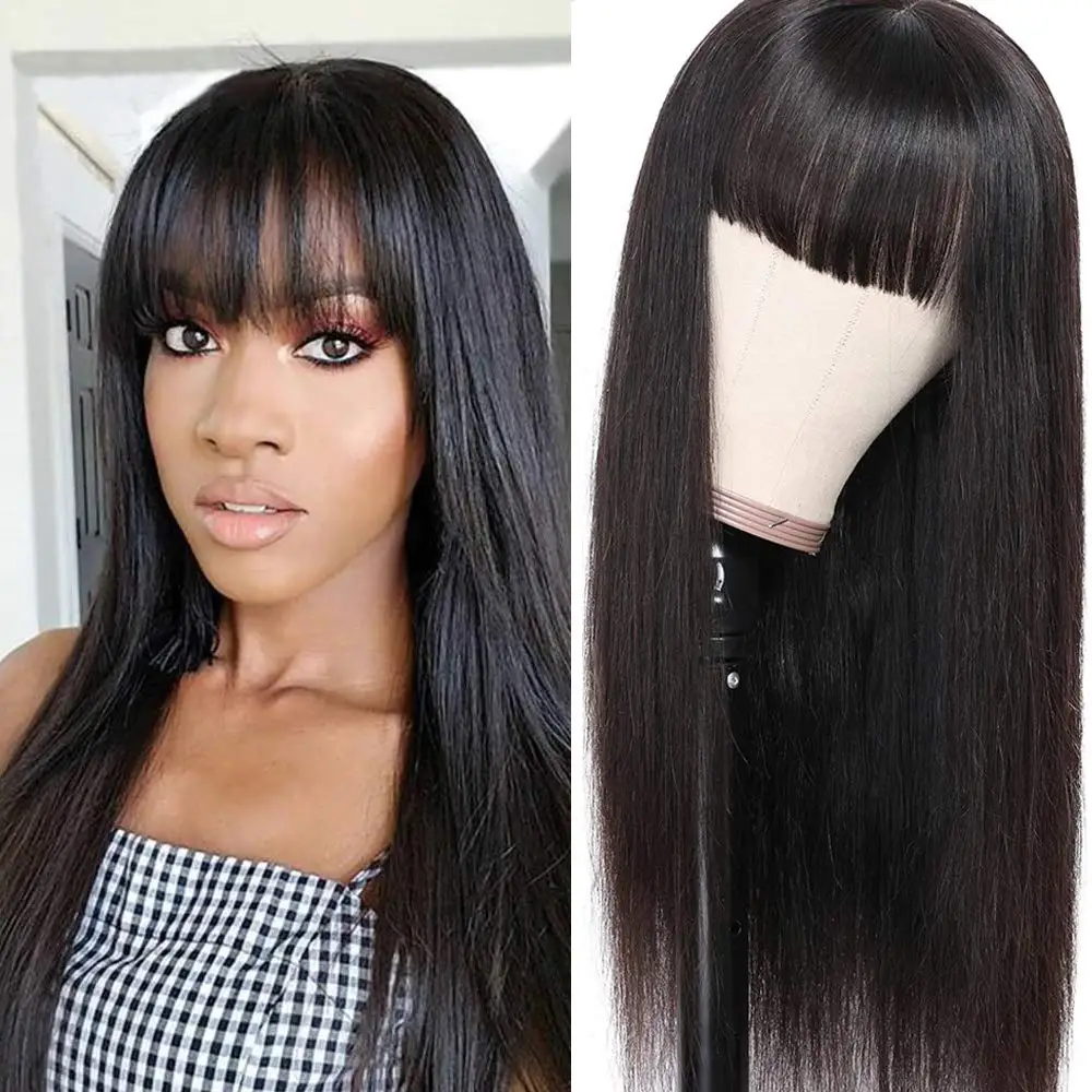 

Straight Wig With Bangs Fringe Bob Human Hair Wig With Bangs For Women Glueless Full Machine Made With Bang 10-34 Inch Clearance