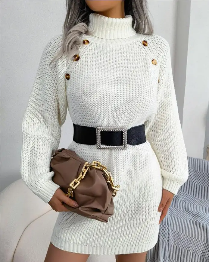 Купи Dresses for Women Sweater Dress Long Sleeve Buttoned High Neck & Autumn Europe & America Fashion Casual Mini Winter Daily Dress за 779 рублей в магазине AliExpress