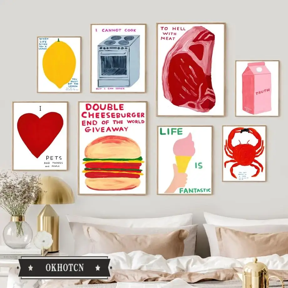 

David Shrigley Prints Canvas Painting Nordic Burger Ice Cream Meat Crab Mango Poster Wall Art Pictures for Living Room Decor