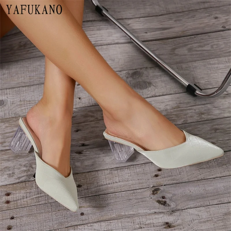 

Braided Textured Pointed Toe Clear Chunky Heeled Mules Pumps Elegant Party Dress Crystal Shoes Summer New High Heels Slippers