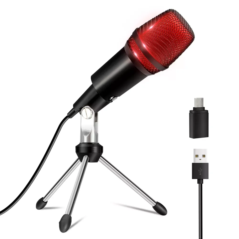 

Type-C USB Cardioid Microphone with Led for Video Instrument Recording Andriod&iOS PC Mic for Karaoke Mobile Voice Over ZOOM