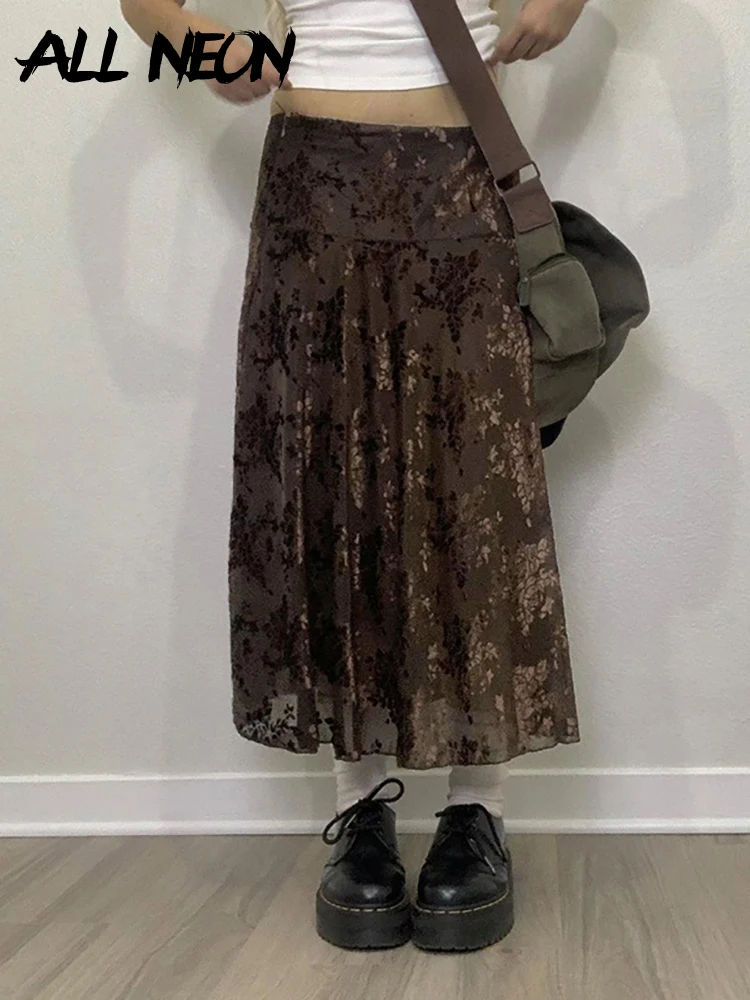 

ALLNeon Y2K Fairy Grunge Brown Velvet Low Waist Long Skirts Winter Goblincore Aesthetics Floral Print A-line Maxi Skirt Retro