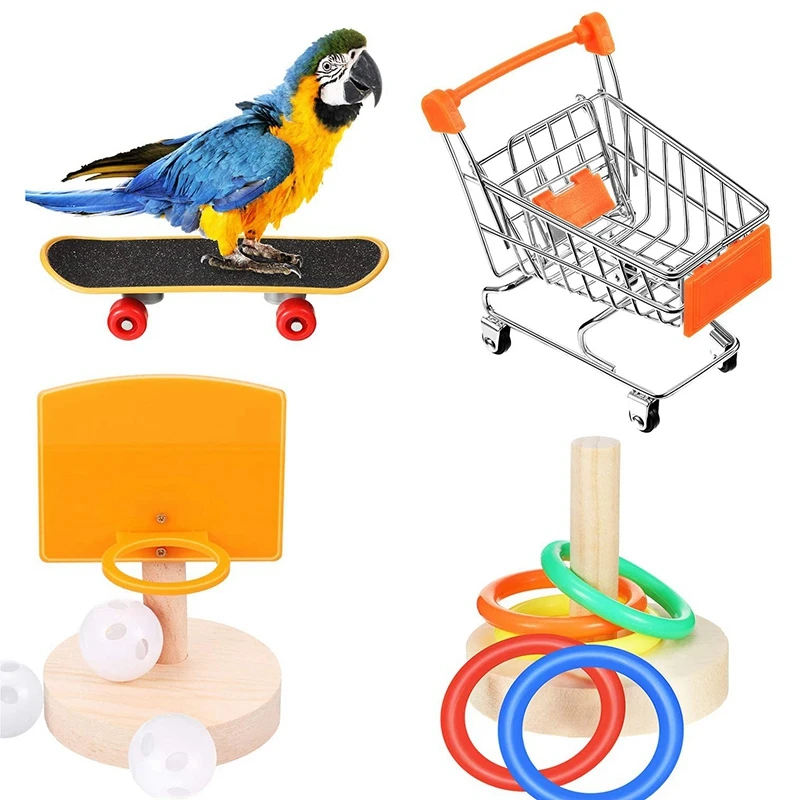 

4-Piece Bird Training Toy Set, Including Shopping Cart Basketball Stacking Ring Toy Skateboard Parrot Intellectual Toy