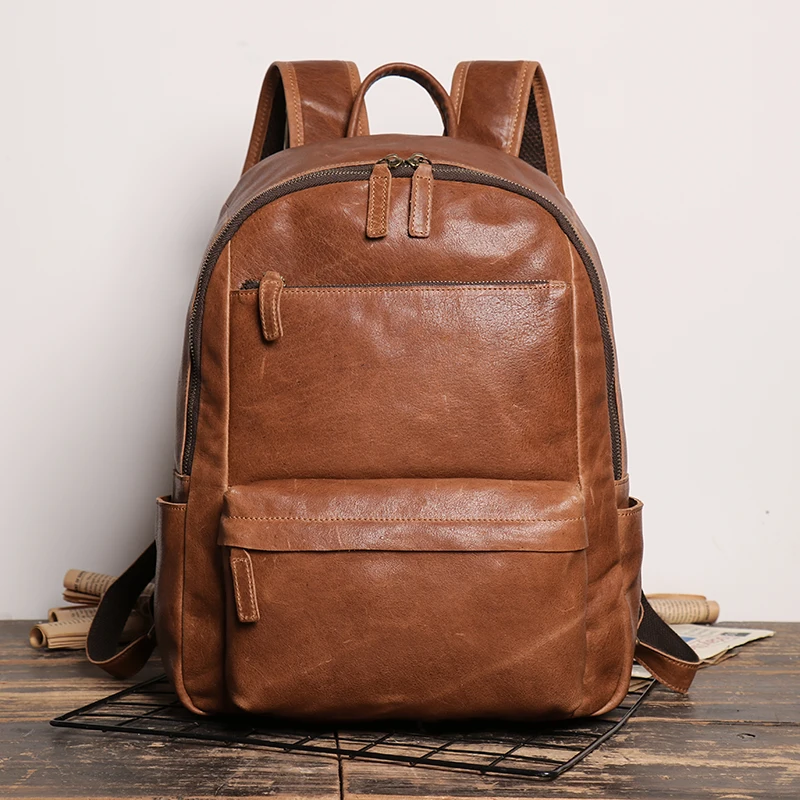Vintage Men and Ladies Outdoor Travel Backpack School Book Cowhide Backpack Brown Zipper 14 Inch Computer Notebook Bag