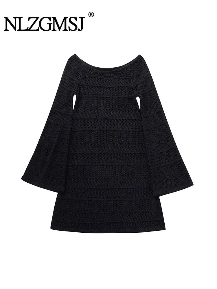 

Nlzgmsj TRAF Autumn Winter Women Sweater Dress Hollow Out Knitted Long Flare Sleeve Slim A-Line Female Sexy Mini Dress