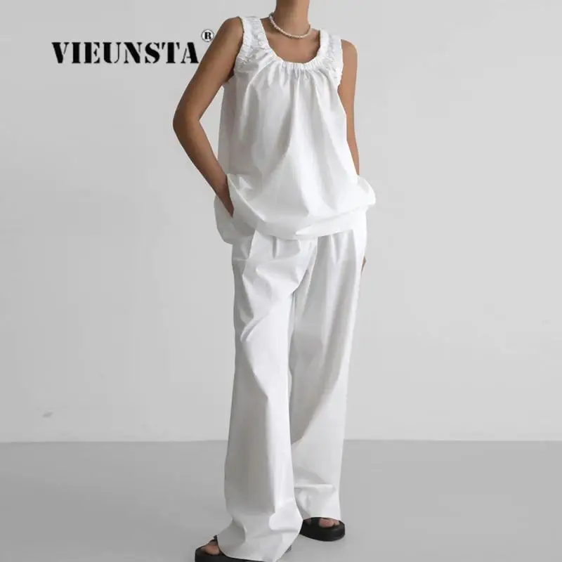 

Комплект из двух предметов Женский, элегантный простой модный топ без рукавов с круглым вырезом и свободные длинные штаны, пикантный однотонный комплект из двух предметов