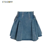stsvzorr high waist sweet cool denim short skirt summer new fashionable girls adjustable lace up pleated skirt