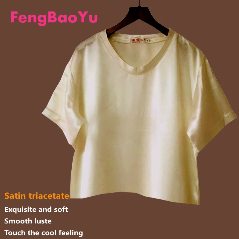 Fengbaoyu Triacetic Acid Lady Short-sleeved Round Collar Ultra-short T-shirt Crop Top Women Pure Silk Cheap Items Free Shipping