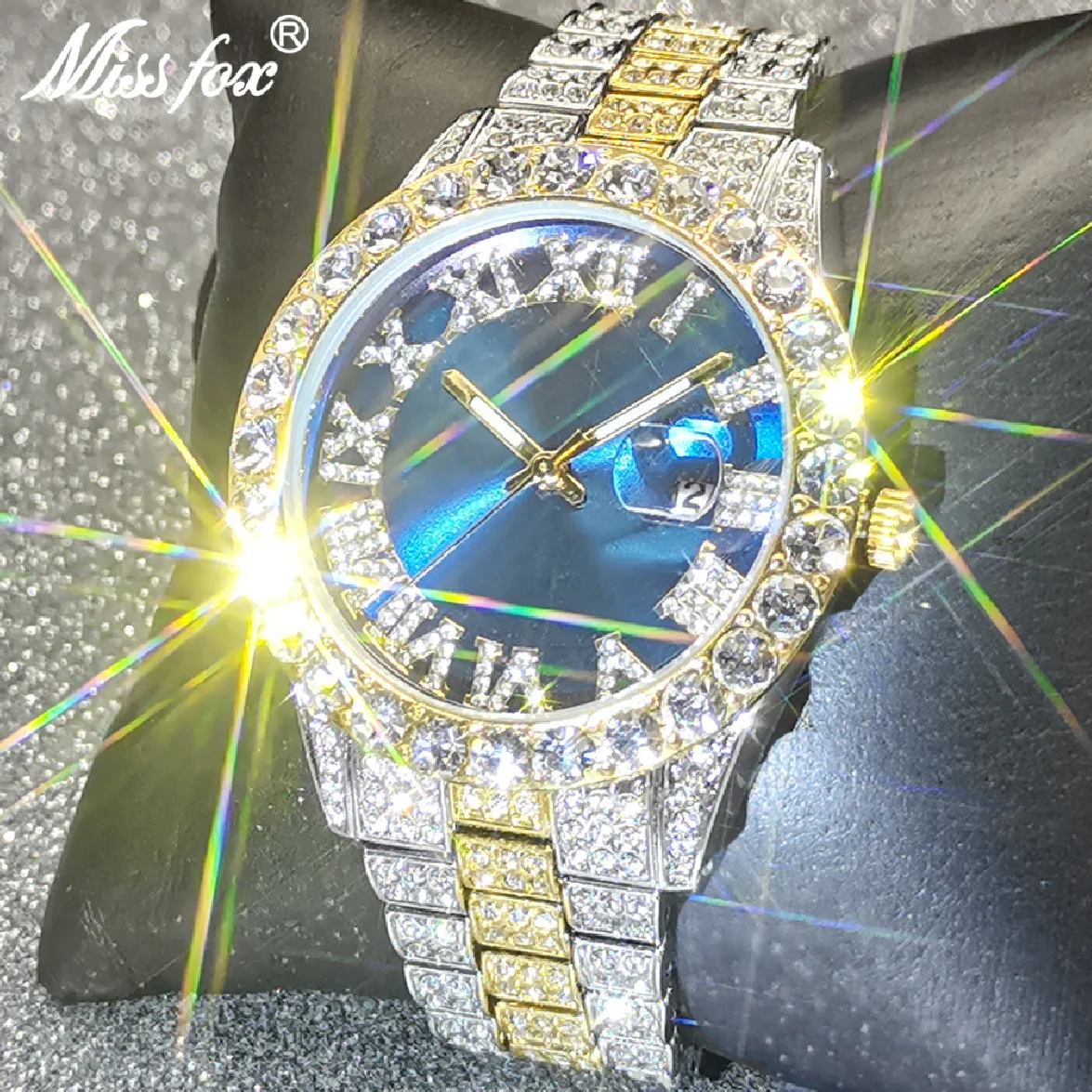

Часы наручные мужские кварцевые в стиле хип-хоп, роскошные классические, с круглым синим циферблатом, блестящие украшения, водонепроницаемые