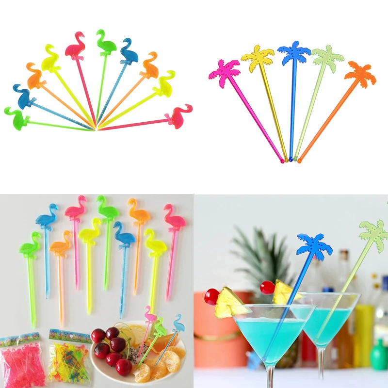 

25/50pc Flamingo Food Fruit Toothpick coconut tree Hawaii Party Drink/wine Swizzle Sticks Bar Supplie Summer Wedding Party Decor