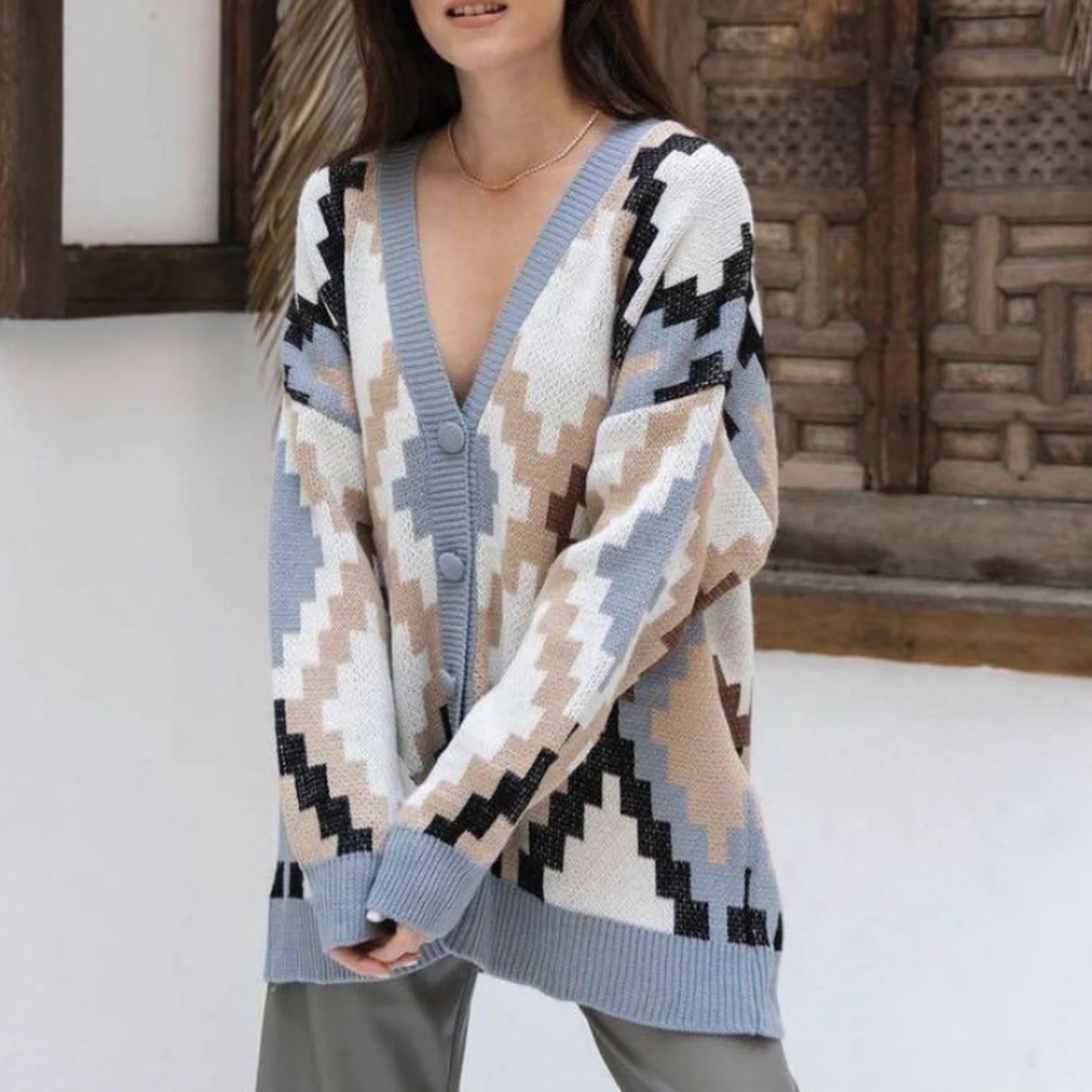 

Женский однобортный Кардиган с длинным рукавом, V-образным вырезом и геометрическим узором