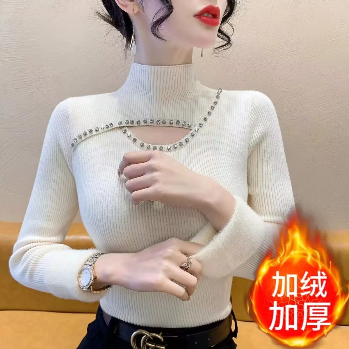 Флисовый свитер с бисером женский осенне-зимний воротником-стойкой толстая