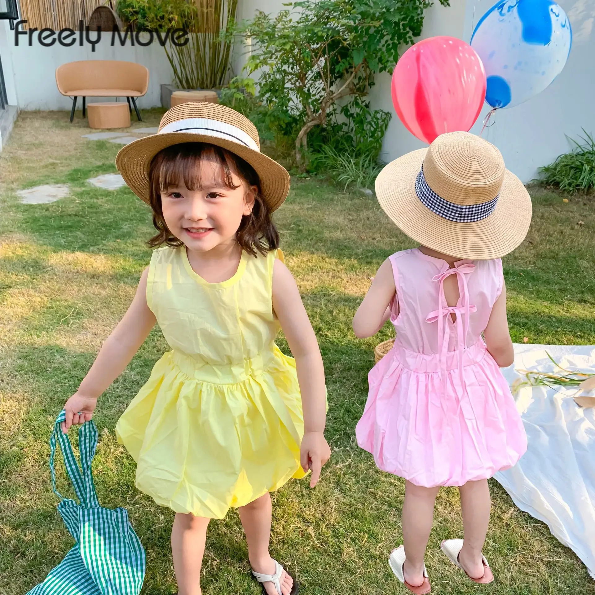 

Freely Move Kids Dresses for Girl Summer Children Clothes Girl Solid Princess Dress 1-7 Year Toddler Sleeveless Cotton Dress