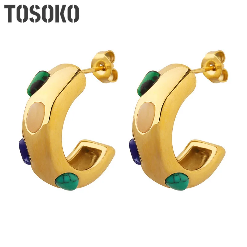 

TOSOKO Stainless Steel Jewelry Cat's Eye Turquoise Inlaid C-Shaped Earrings Women's Fashion Earrings BSF118