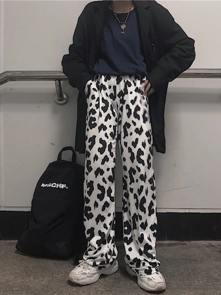 HOUZHOU-pantalones de pierna ancha con estampado de vaca para mujer, pantalón Harajuku de estilo coreano de gran tamaño, cintura alta