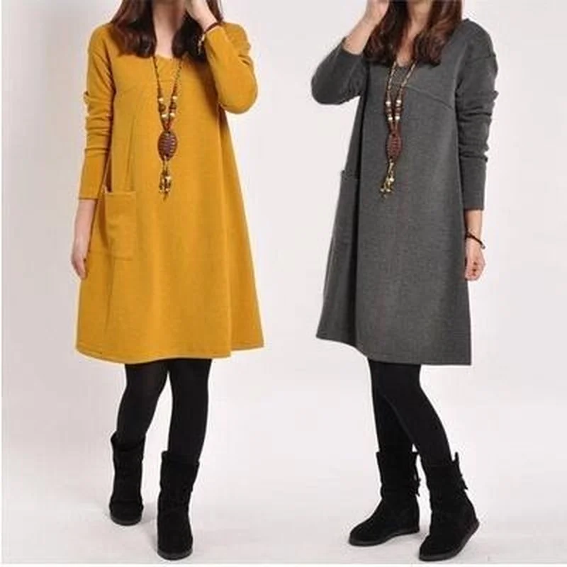 

Large size long-sleeved loose mid-length dress spring and autumn women