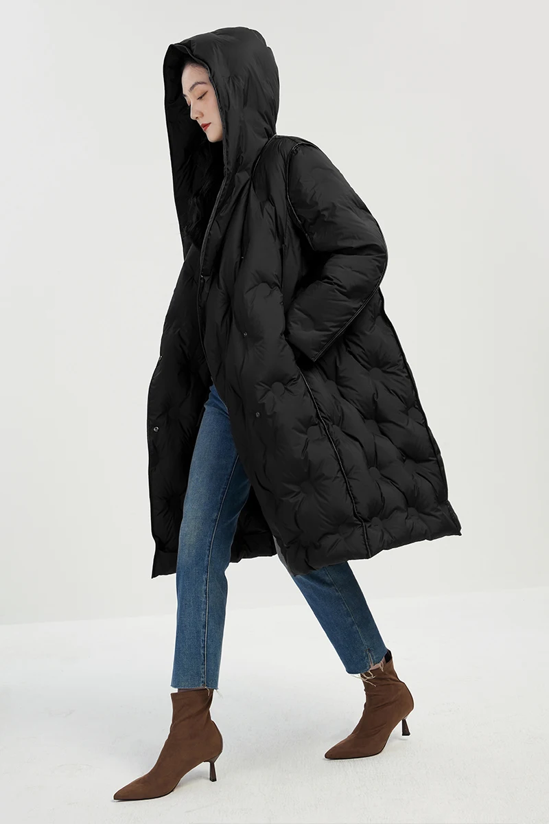 High Quality Loose Hood Long Jackets for Women  90%  White Duck Down  High Street  Covered Button  Wide-waisted  Coat