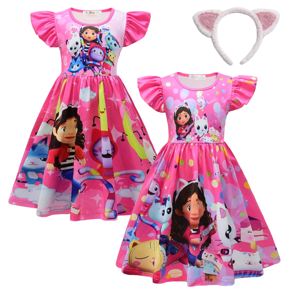 

Gabbys Cat Dollhouse Clothes Baby Girls Princess Dresses with Hearwear Kids Cartoon Cute Cats-tastic Wedding Party Dress 2-8 Y