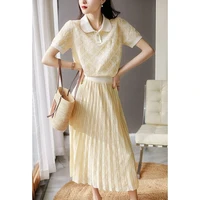 two piece ladies fashion summer new doll collar jacquard pleated elastic waist skirt two piece suit with skirt