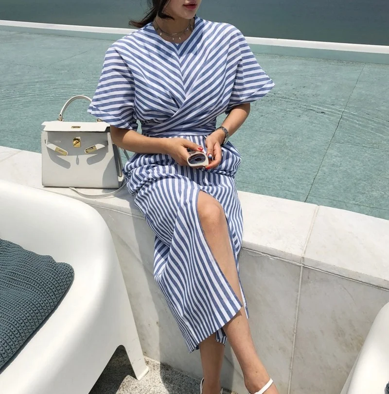 

2023 Sprig and Summer Plus Size New Robe Vestidos Fashion Striped Cross Bandage Dress New Cotton Blue Split Bodycon Femme Dress