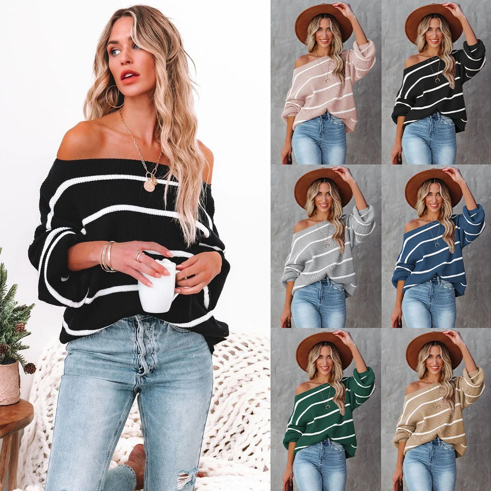 

Autumn and winter women's fashion Long Sleeve Striped off shoulder knitted straight neck Pullover2023