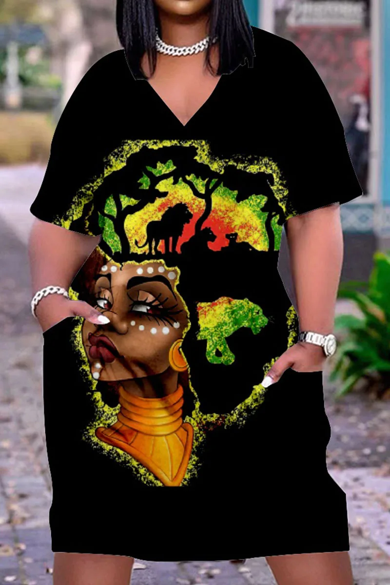 

African Black Girls 3D Print Pocket Dress Women Short Sleeve Dresses Indian Bohemian Boho V-Neck Sexy Female Midi Party Dresses