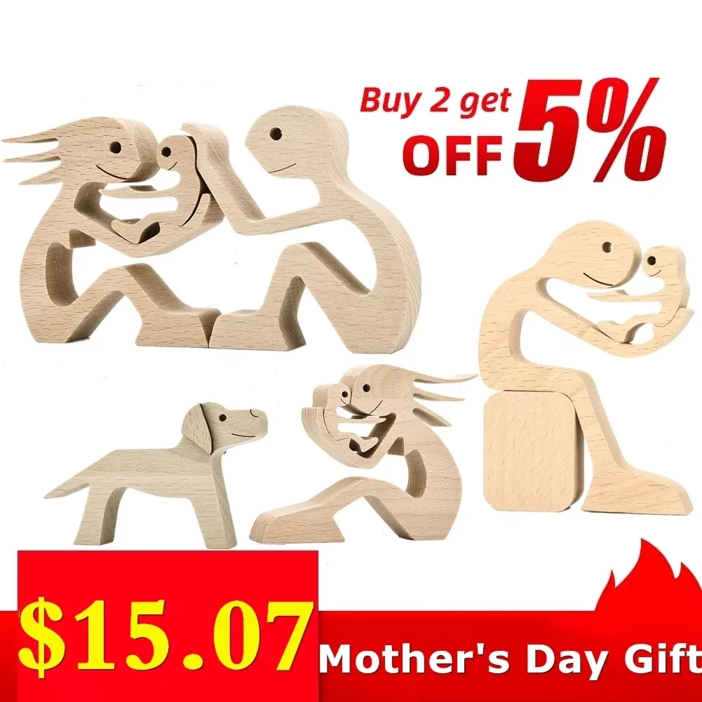 

Ornament Wooden Couple Figurine Family Statue Decoration Mini Carving Model Living Room Office Desk Decor Mothers Day Gifts