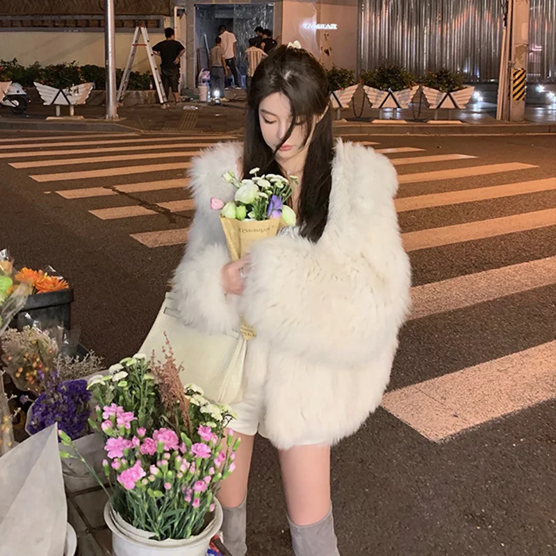 Winter hooded knitted loose fur coat